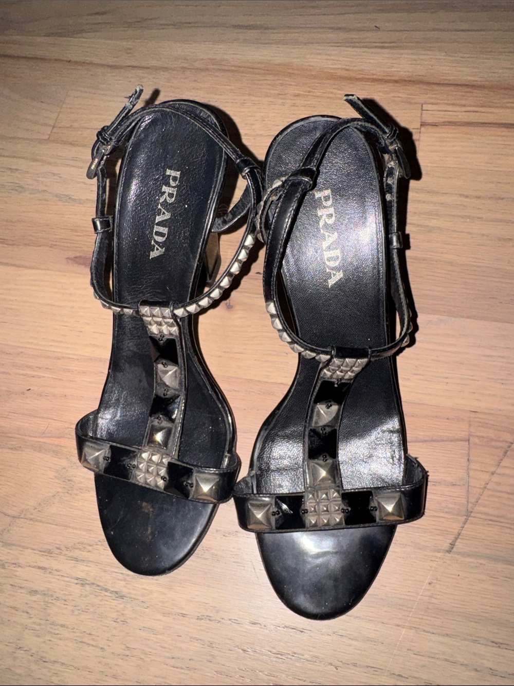 PRADA Black Leather Studded T-Strap Sandals